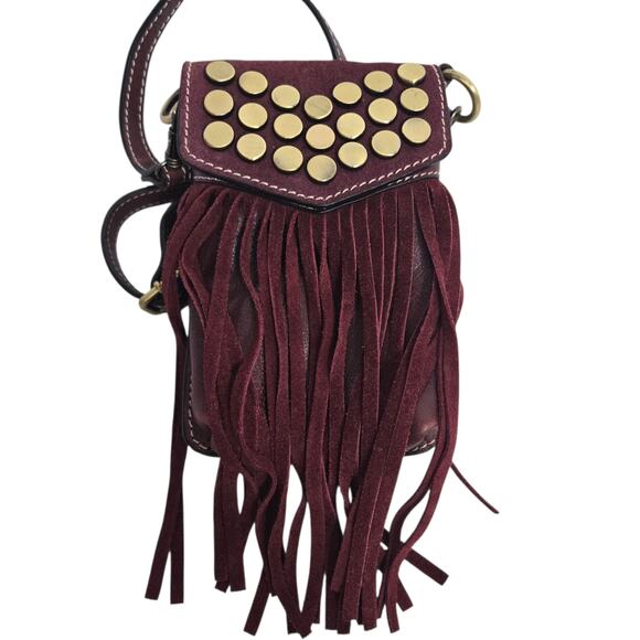 Firenze Bella Fringe Leather Bag Red Studded Crossbody Pouch Adjustable Small - Picture 1 of 13